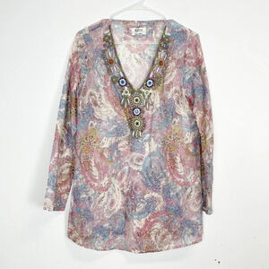 Malvin Shirt Womens 38 Multicolor Tunic Beaded Rhinestone Blouse Shirt